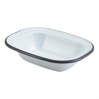 Click for a bigger picture.Enamel Rect. Pie Dish White with Grey Rim 16cm