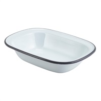 Click for a bigger picture.Enamel Rect. Pie Dish White with Grey Rim 20cm