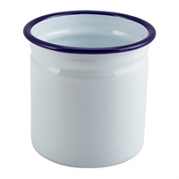 Click for a bigger picture.Enamel Cutlery Holder White with Blue Rim 11.5cm Dia
