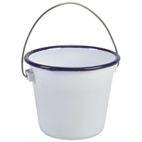 Click for a bigger picture.Enamel Bucket White with Blue Rim 10cm Dia