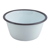 Click for a bigger picture.Enamel Round Deep Pie Dish White with Grey Rim 12cm