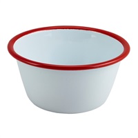 Click for a bigger picture.Enamel Round Deep Pie Dish White with Red Rim 12cm